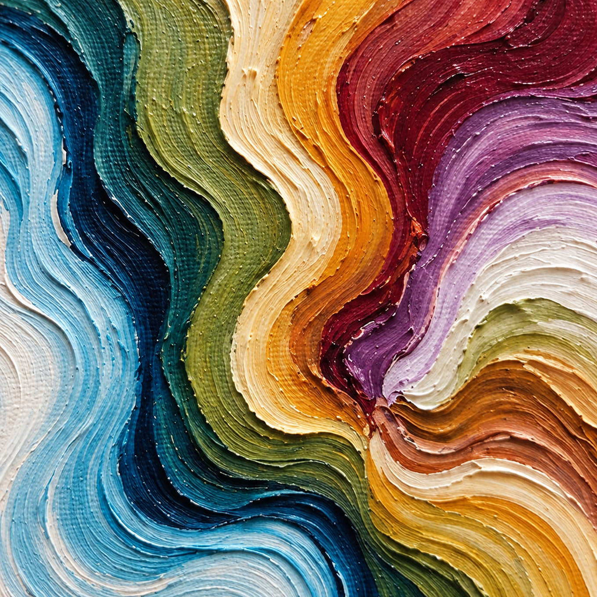 Detail of closely layered blue, green, golden-yellow, burgundy, and purple curves with fine ridges.