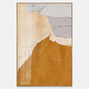 Vertical abstract artwork with an expansive ochre field, pale beige space, and gray strokes.