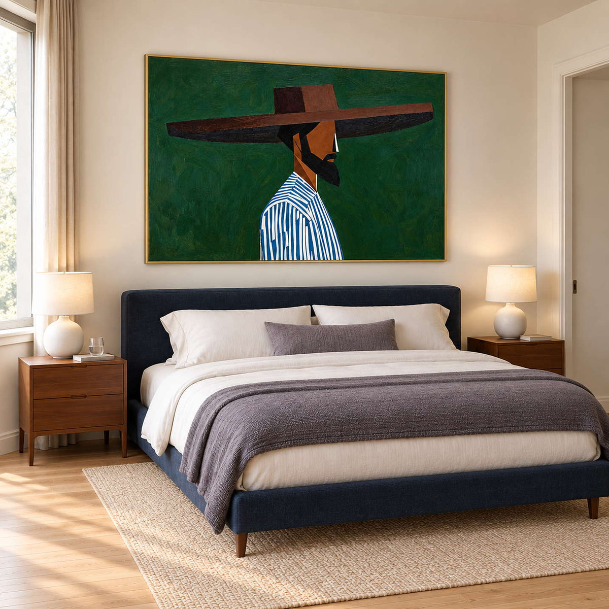 Blue-striped figure painting over a navy bed with gray bedding and paired bedside lamps.