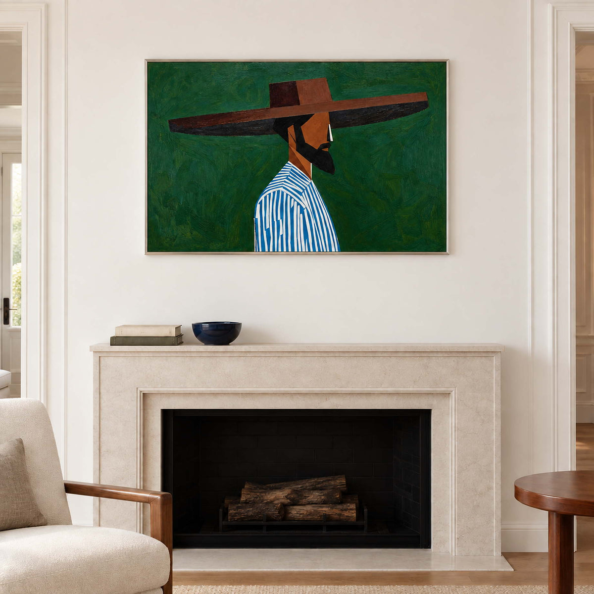 Broad-hat portrait above a pale fireplace with a small dark bowl on the mantel.