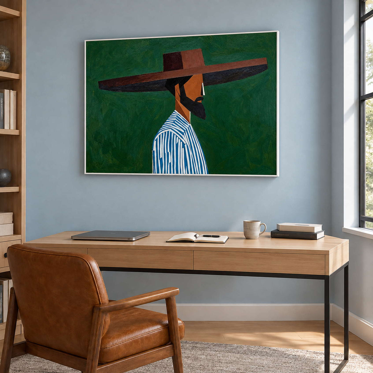 Bearded profile artwork above a wooden desk with a brown chair on a blue-gray wall.