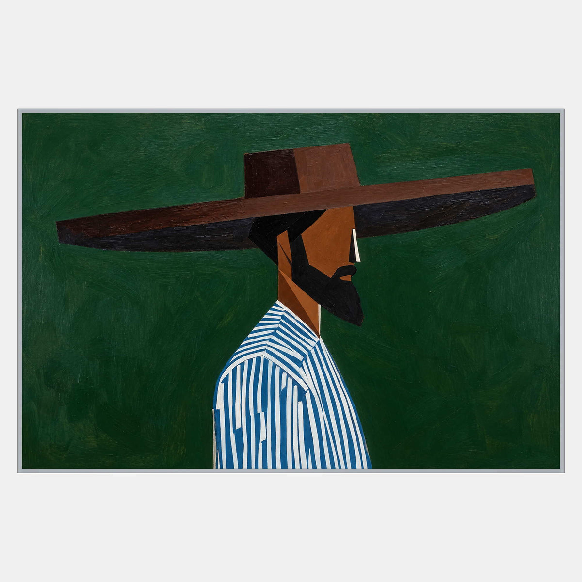 Horizontal portrait of a bearded figure facing right in a wide brown hat and blue-and-white striped shirt against green.
