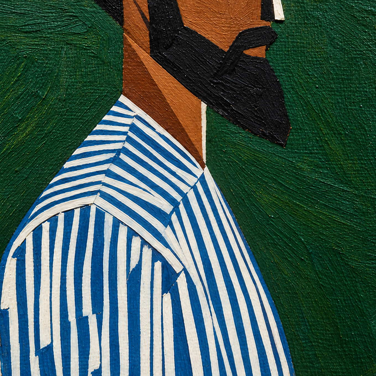 Detail of angular black beard, blue-and-white shirt stripes, and textured green background.