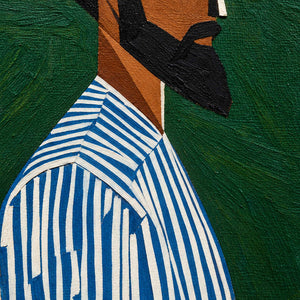 Detail of angular black beard, blue-and-white shirt stripes, and textured green background.