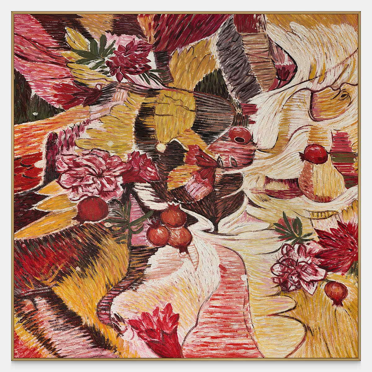 Front view of red flowers and rounded fruit forms woven through ochre, cream and dark bands, with a gold-colored frame.