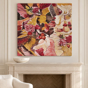Artwork showing red flowers and rounded fruit forms woven through ochre, cream and dark bands above a fireplace, with no outer frame.