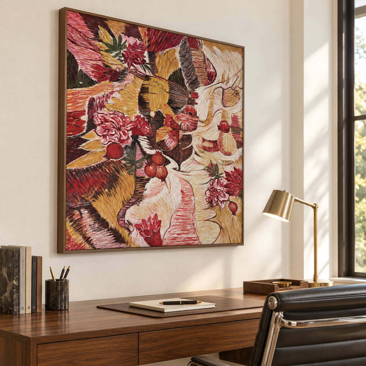 In a study with a desk, an artwork with a brown wood-look frame shows red flowers and rounded fruit forms woven through ochre, cream and dark bands.