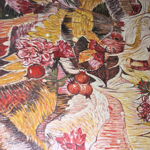 Close view of red flower and fruit shapes among cream curves and ochre striped brushwork.