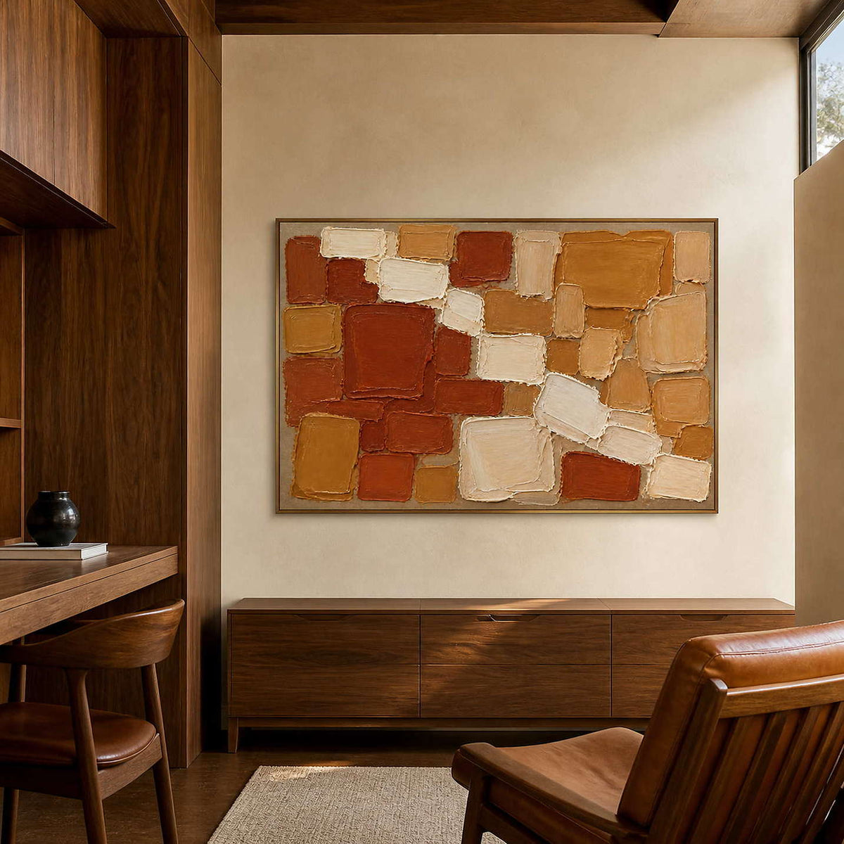 Terracotta, ochre, and cream painted blocks wall art in a contemporary bedroom.