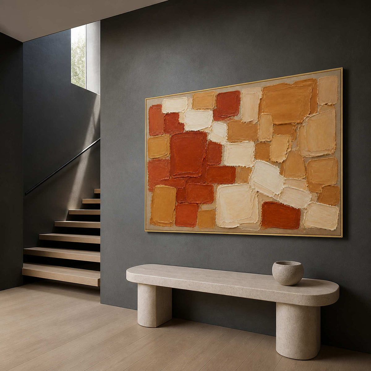 Terracotta, ochre, and cream painted blocks wall art in a contemporary home office.