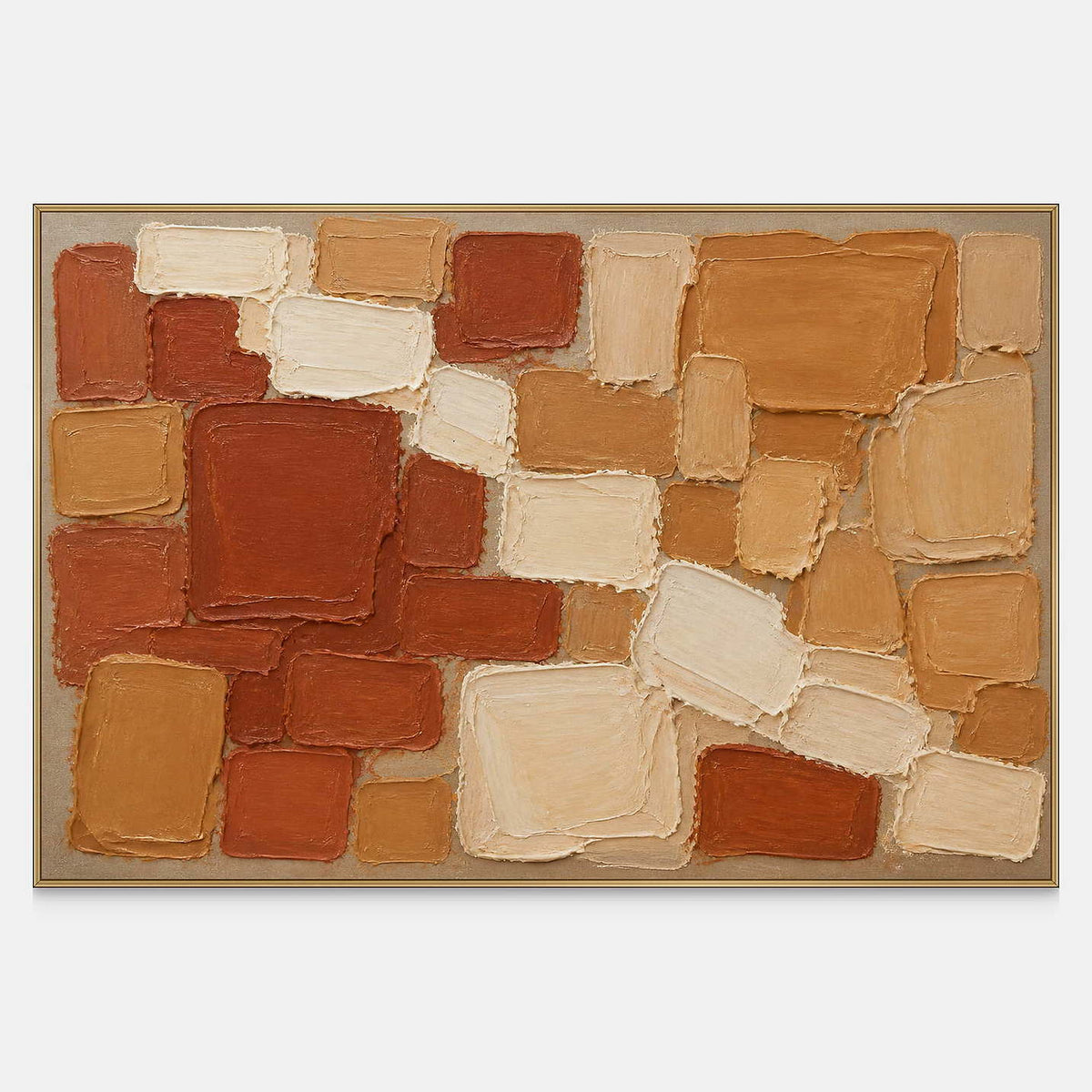 Hand-painted terracotta, ochre, and cream painted blocks canvas with raised texture.