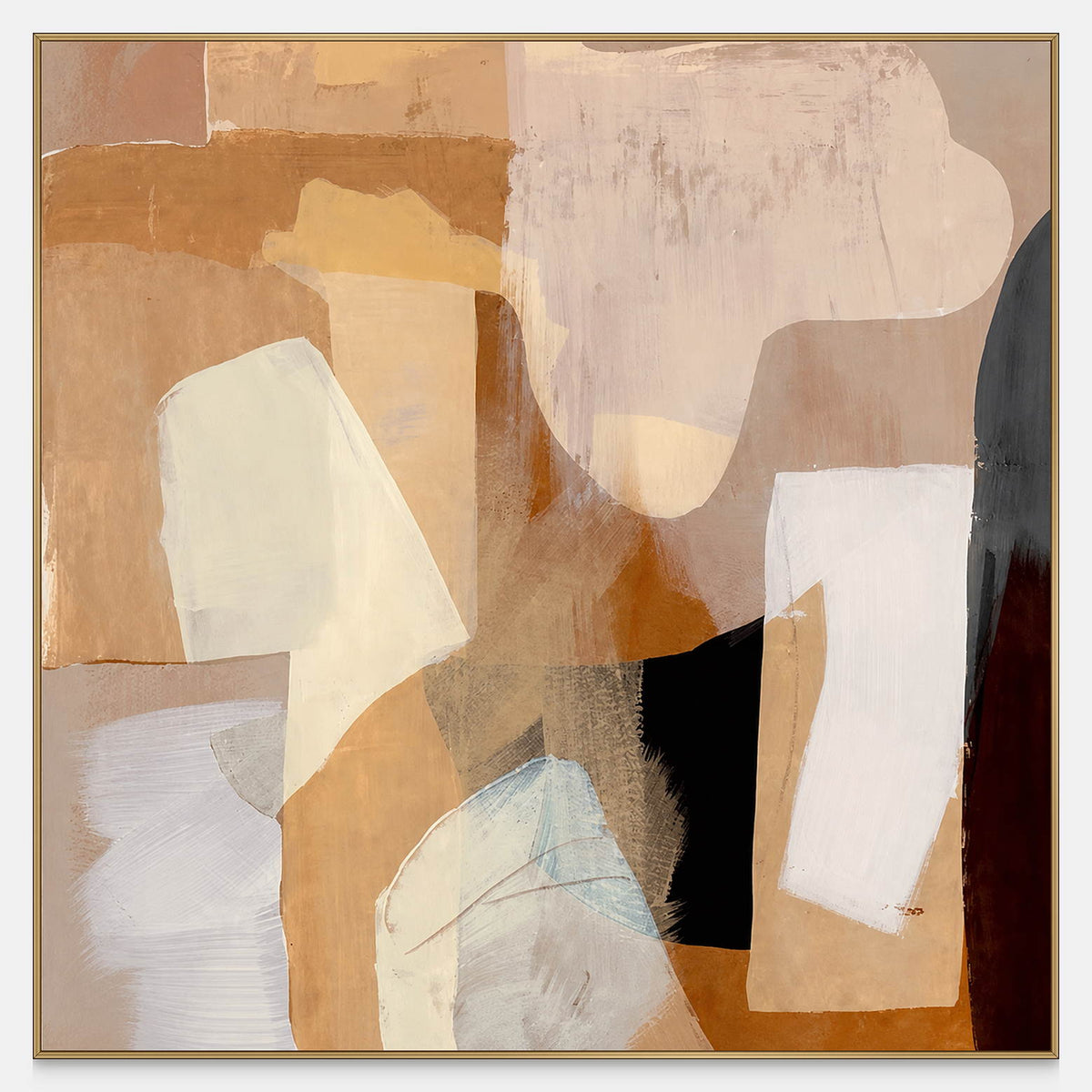 Square abstract painting with overlapping cream, ochre, tan, and gray shapes and a black lower-right accent.