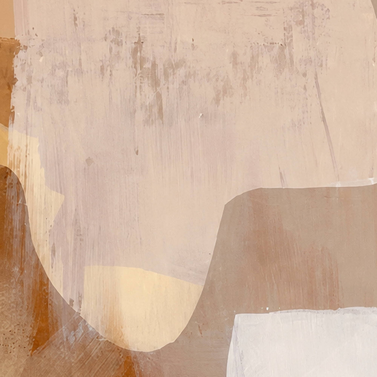 Detail of pale rounded shapes, ochre layers, and faint vertical marks in Warm Daydream.