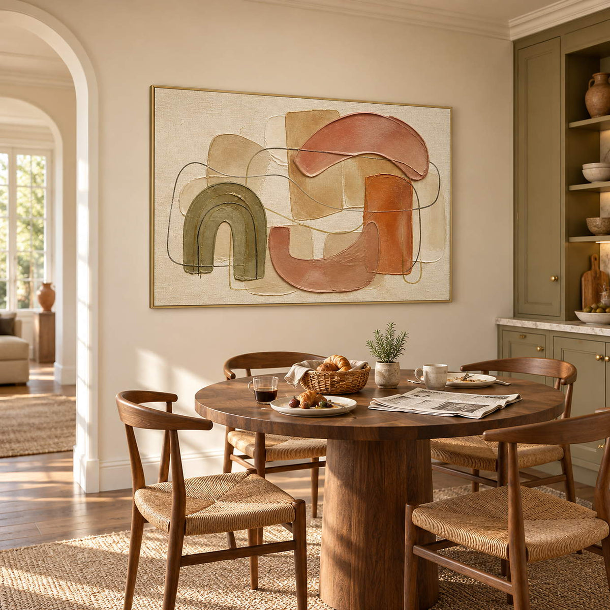Boho abstract painting with olive, terracotta, blush, and sand arches in a gold frame in a breakfast dining area.
