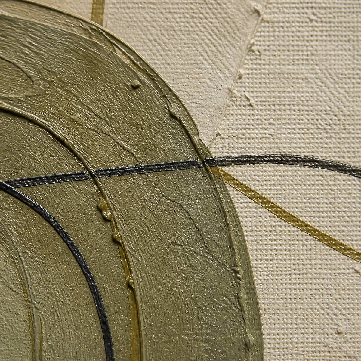 Close-up of raised olive paint, woven canvas, and charcoal linework.