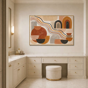 Warm geometric abstract wall art displayed in a bright modern bathroom.