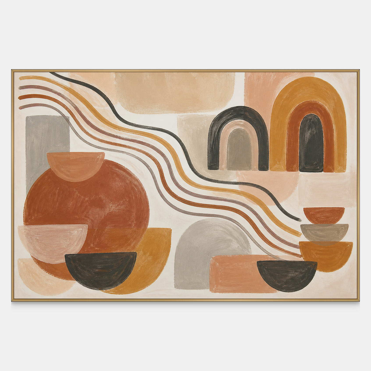 Horizontal boho wall art with arches, bowls, and flowing earth tone lines.