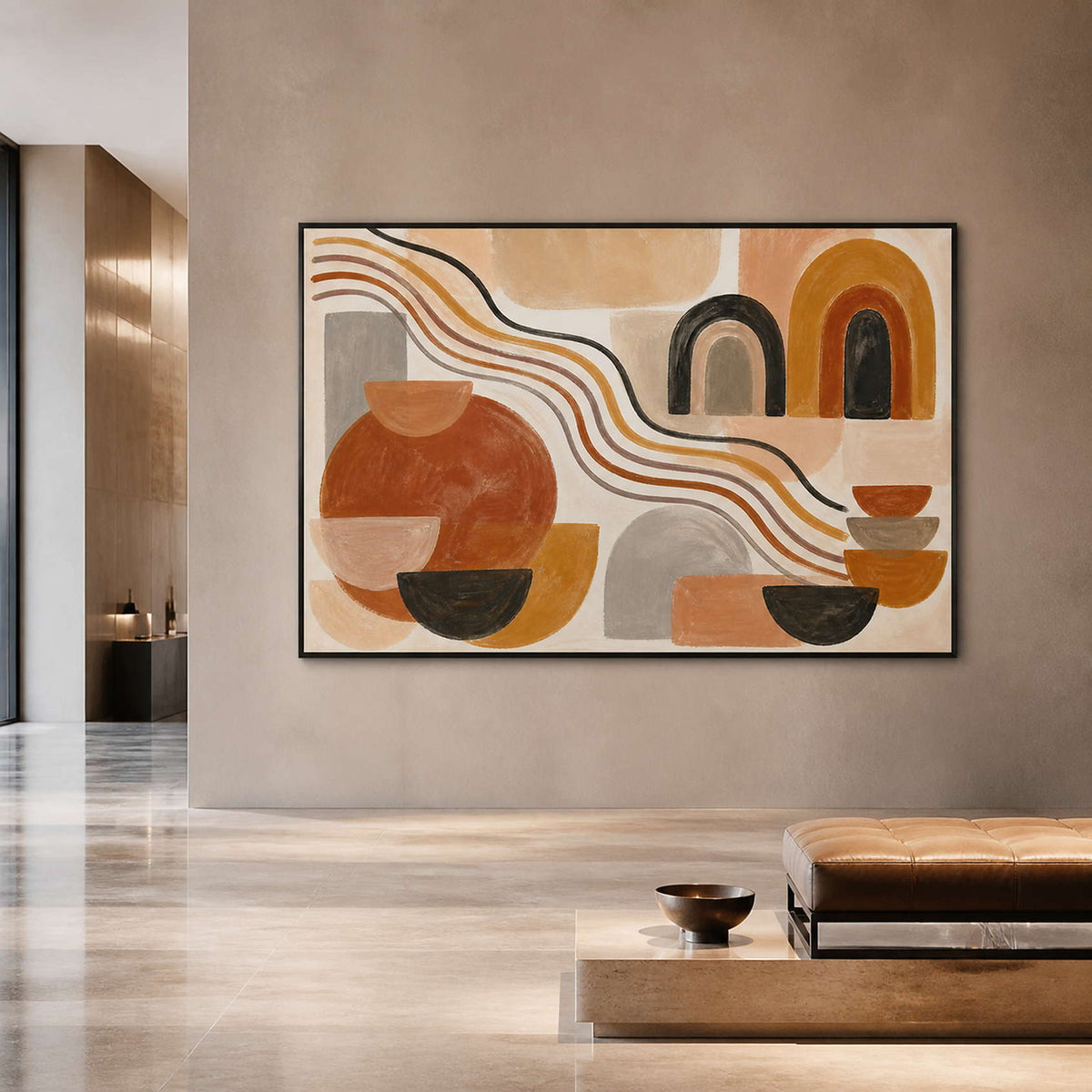 Boho earth tone wall art displayed in a modern hotel lobby.