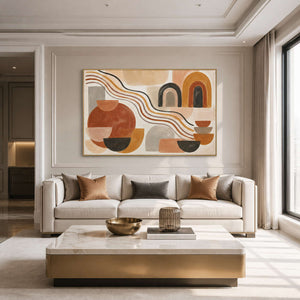 Warm boho abstract wall art in a bright contemporary living room.