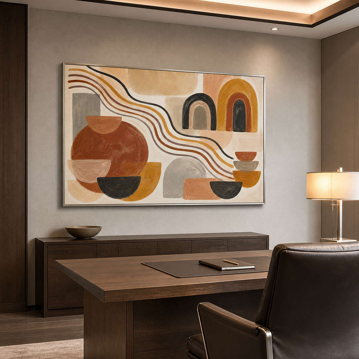 Warm boho abstract wall art displayed in a refined wood office.