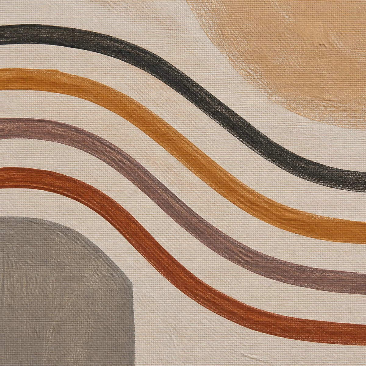 Close-up of hand-painted charcoal, ochre, rust, and taupe flowing lines.