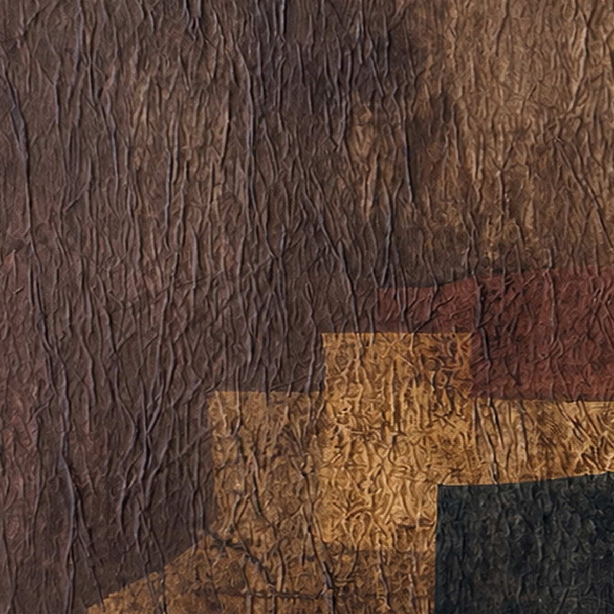 Close view of fine raised creases crossing brown, burgundy, ochre, and black patches.