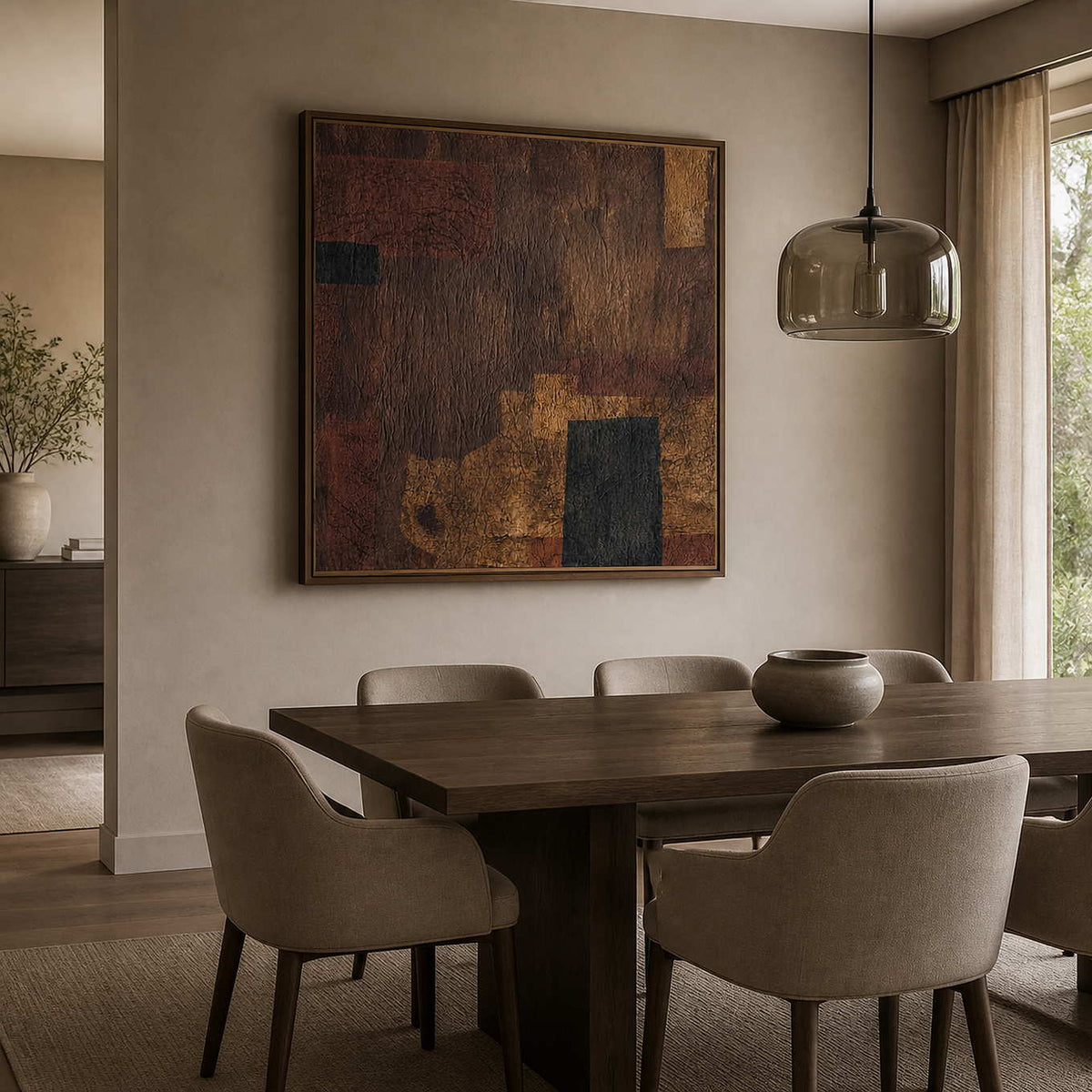 Brown creased abstract painting in a wood frame beside a dark dining table.