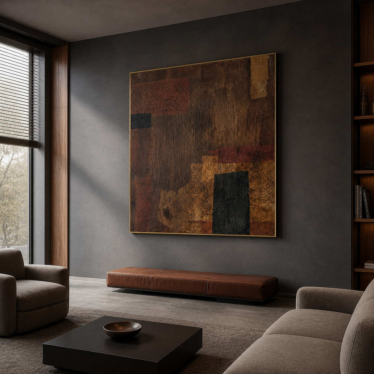 Gold framed brown abstract painting above a leather bench in a boutique hotel lobby.