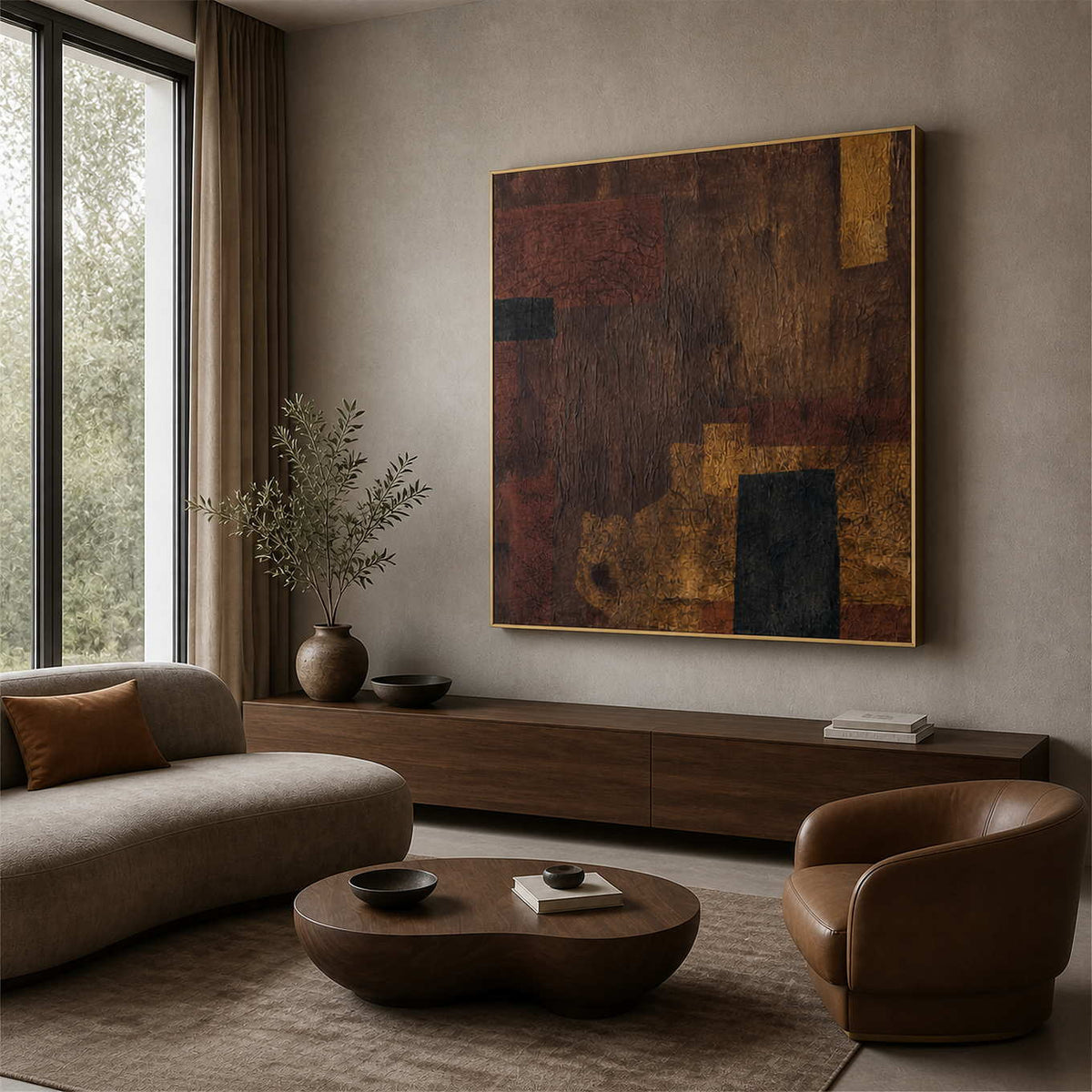 Square earthy abstract painting in a gold frame above a living room console.