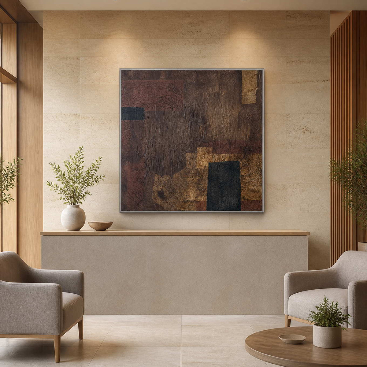 Square earthy abstract painting in a silver frame behind a wellness reception counter.