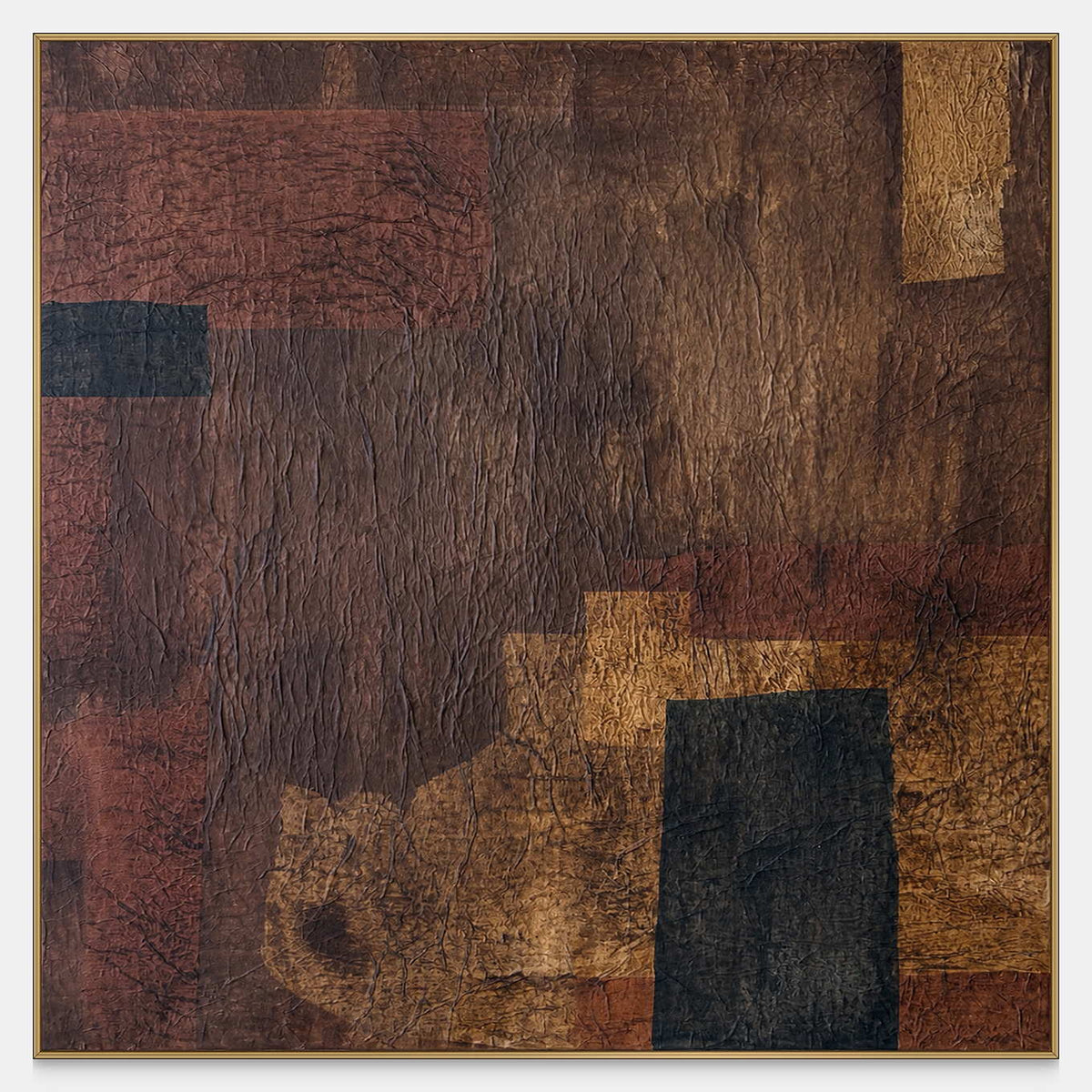 Burgundy, brown, and ochre textured square artwork punctuated by small black rectangles.
