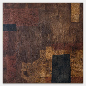 Burgundy, brown, and ochre textured square artwork punctuated by small black rectangles.