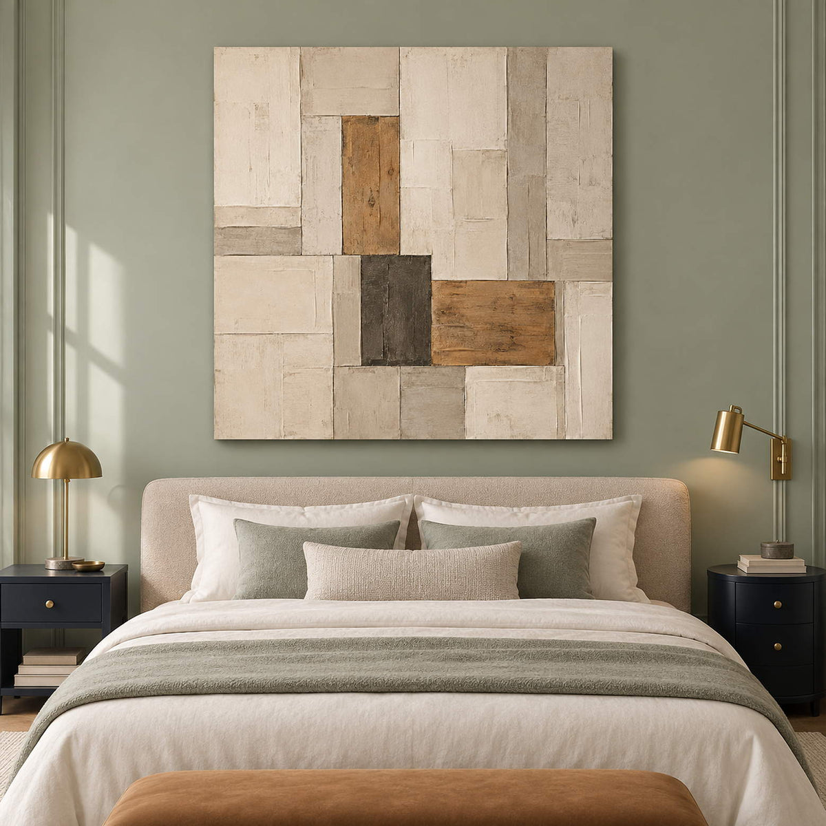 Textured ivory stone caramel and charcoal blocks in a quiet square composition, displayed in a bedroom without an outer frame.