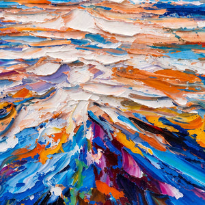 Close-up of raised white, peach, orange, and blue strokes spreading through the painted sea reflection.