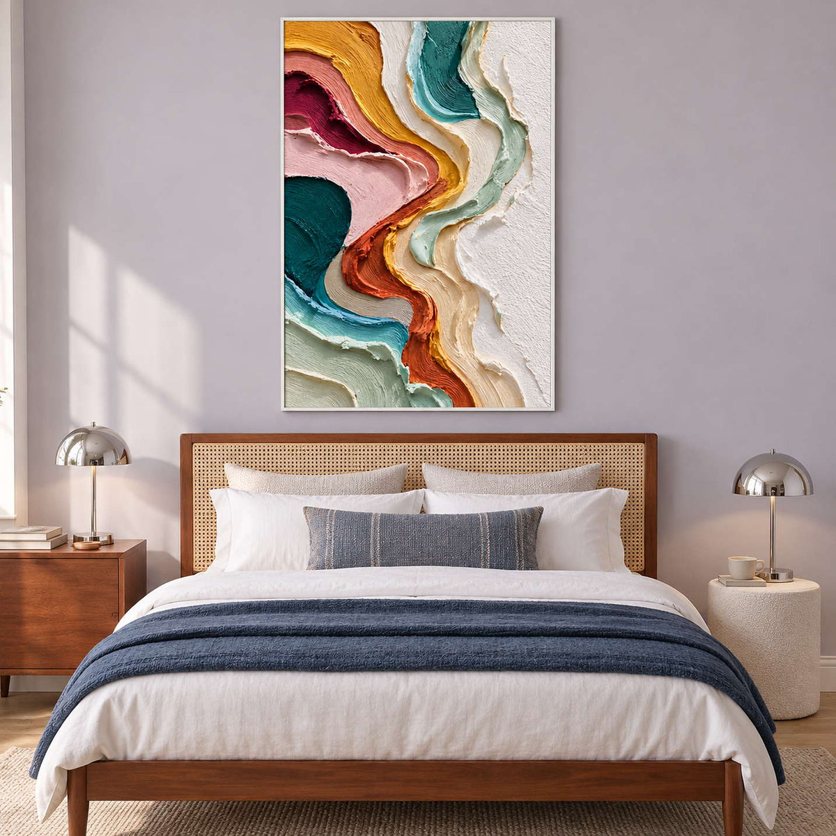 Warm-and-cool abstract over a bed against a pale violet wall.