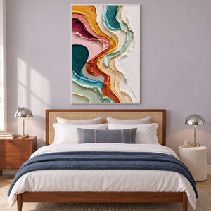 Warm-and-cool abstract over a bed against a pale violet wall.