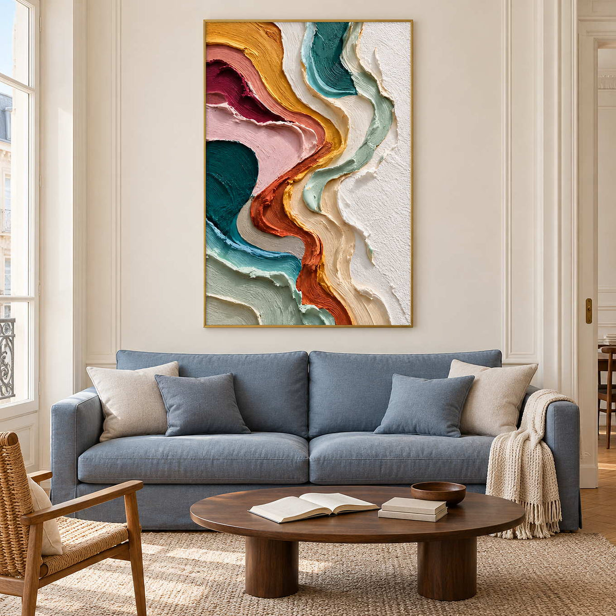 Winding-color abstract above a blue sofa in a bright living room.