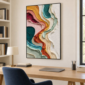 Black-framed flowing abstract above a desk beside bookshelves.