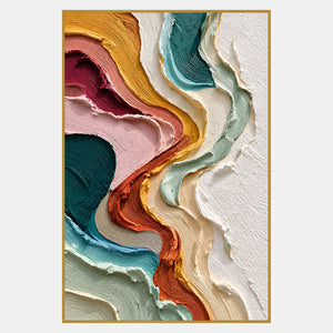 Tall abstract with orange and yellow winding bands, pink and teal areas, and textured white space along the right.