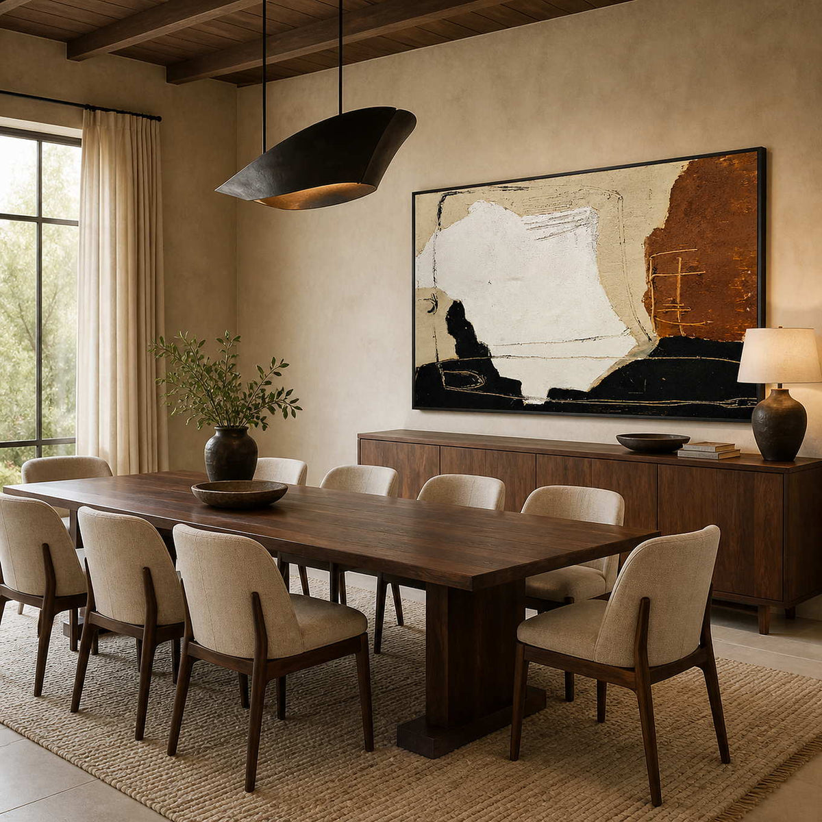 Black-framed Warmth Goes with You above a wood sideboard beside an oak dining table.