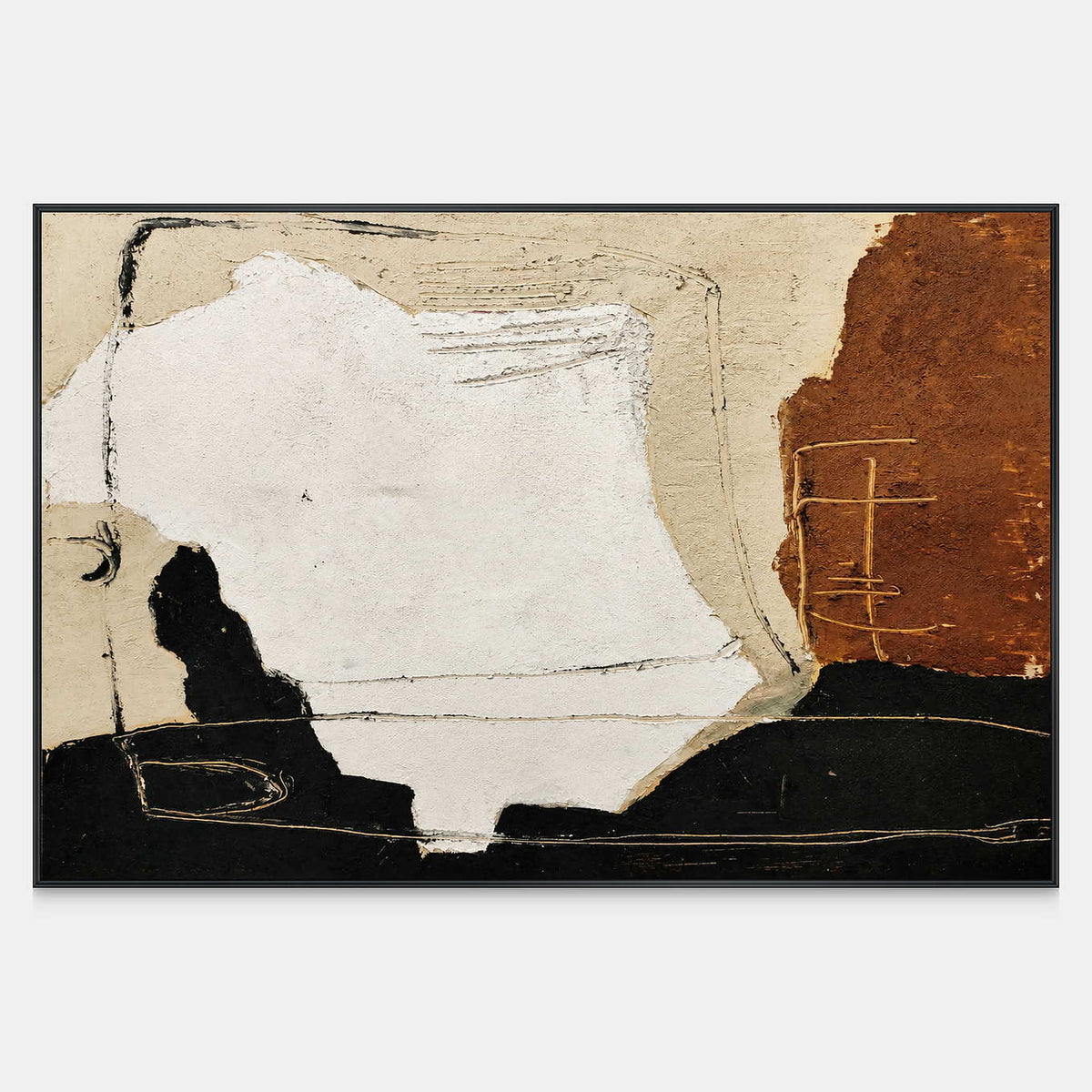 Warmth Goes with You, a horizontal abstract painting with a soft white center, rust-colored patch, and black lower band.
