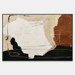 Warmth Goes with You, a horizontal abstract painting with a soft white center, rust-colored patch, and black lower band.