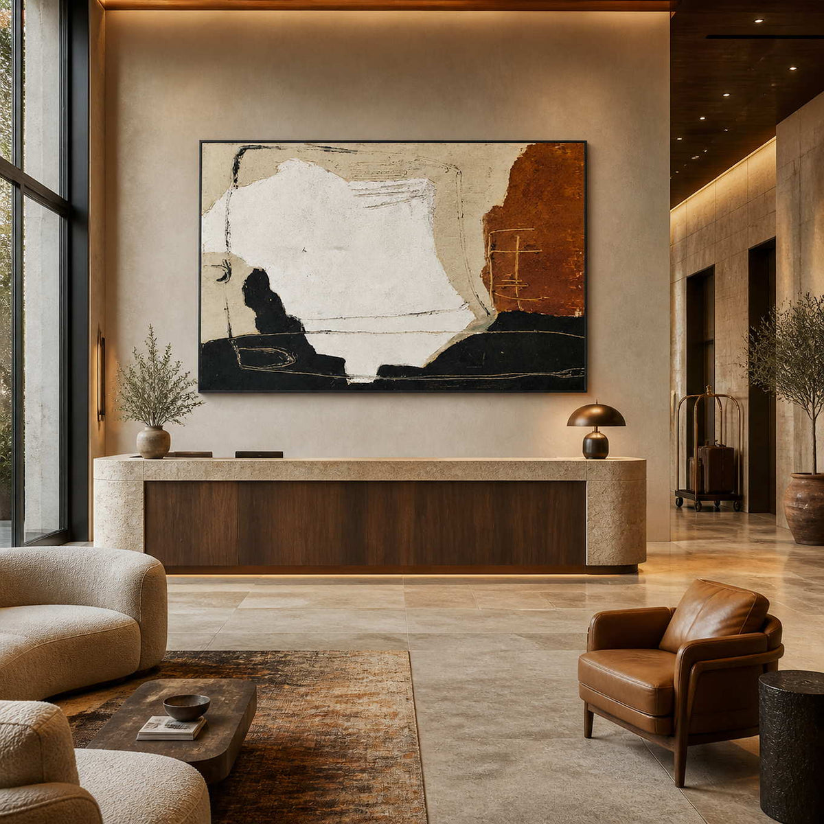 Warmth Goes with You in a black frame above a hotel reception desk, with earthy colors beside leather lounge seating.
