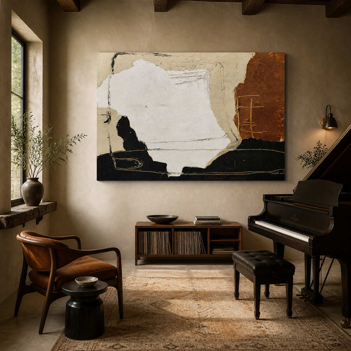 Frameless Warmth Goes with You above a low bookcase next to a black piano in a warm music room.