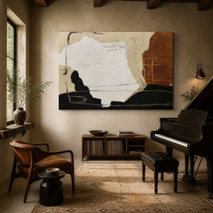 Frameless Warmth Goes with You above a low bookcase next to a black piano in a warm music room.