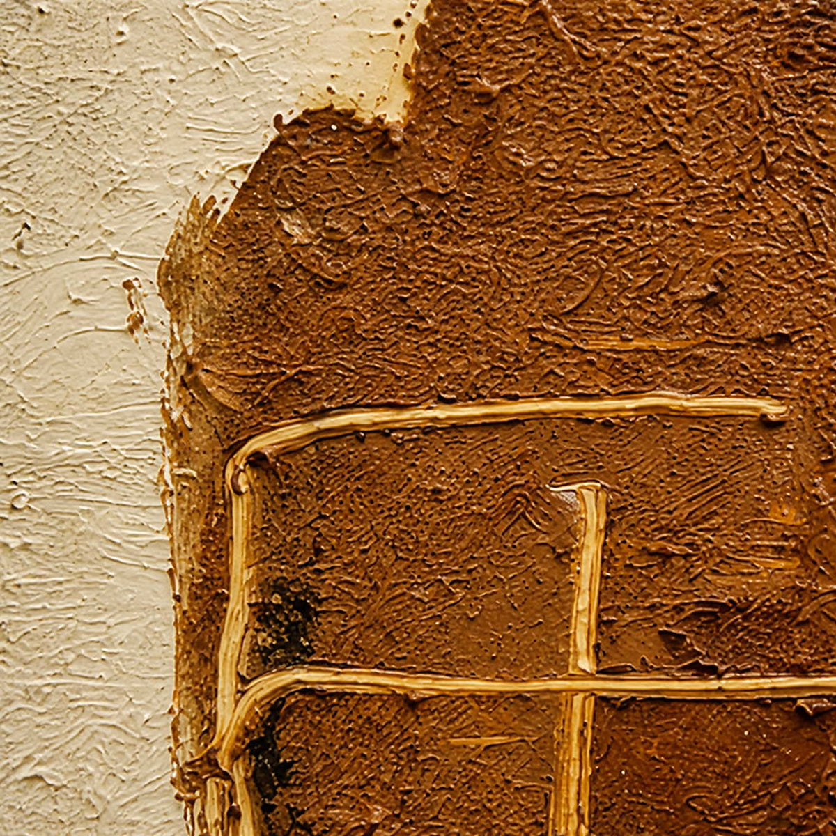 Detail of cream and rust-colored texture with fine scratched lines and raised marks in Warmth Goes with You.