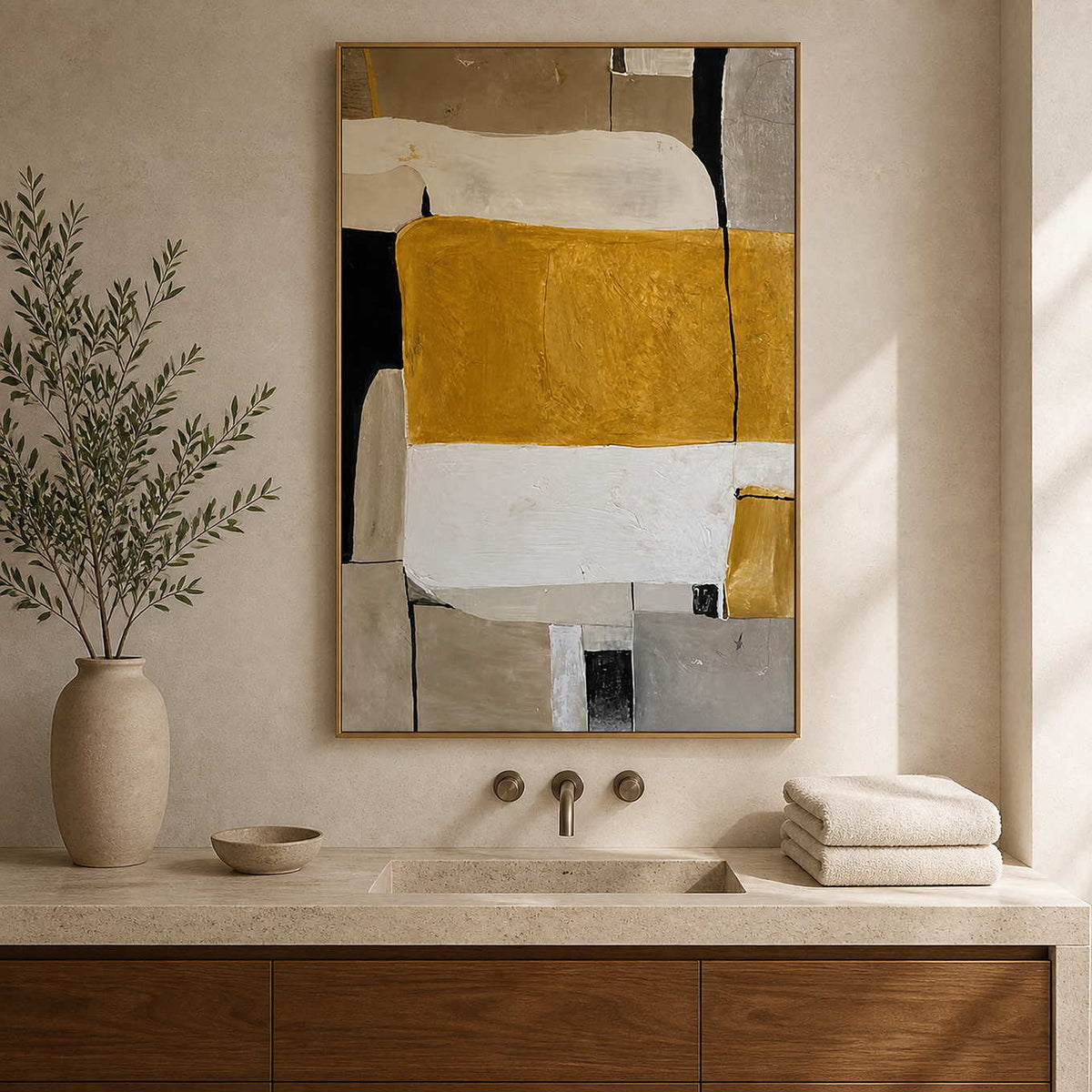 Ochre and cream abstract painting above a stone vanity and wooden cabinetry.