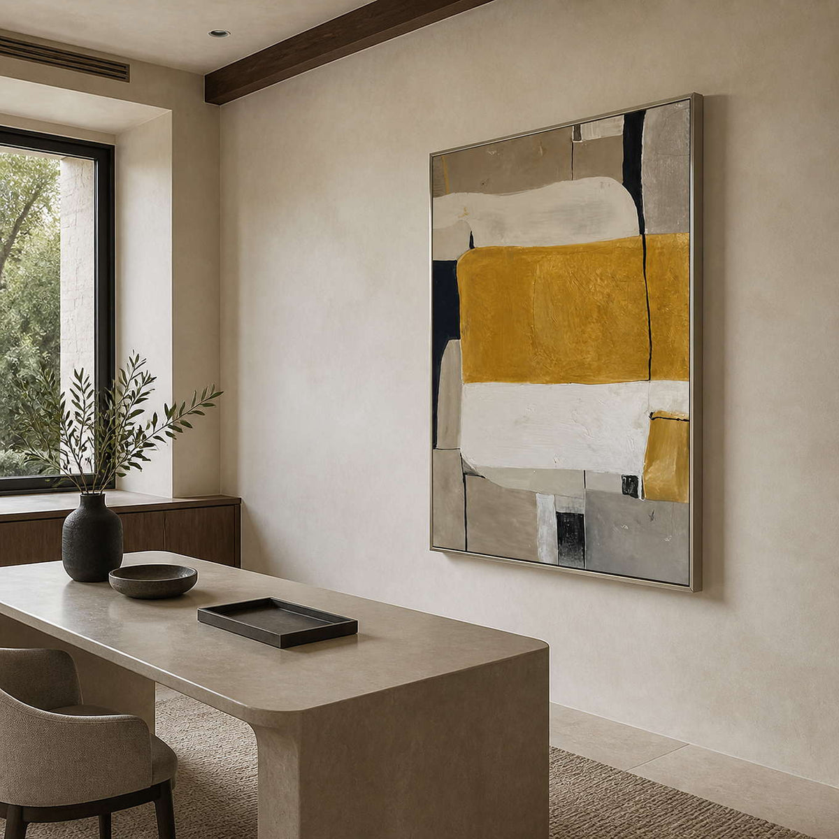 Vertical ochre abstract artwork bringing warmth to a quiet study.