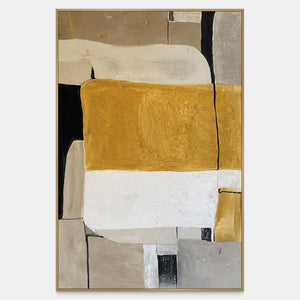 Vertical abstract painting with an ochre center, cream blocks, and fine black lines.