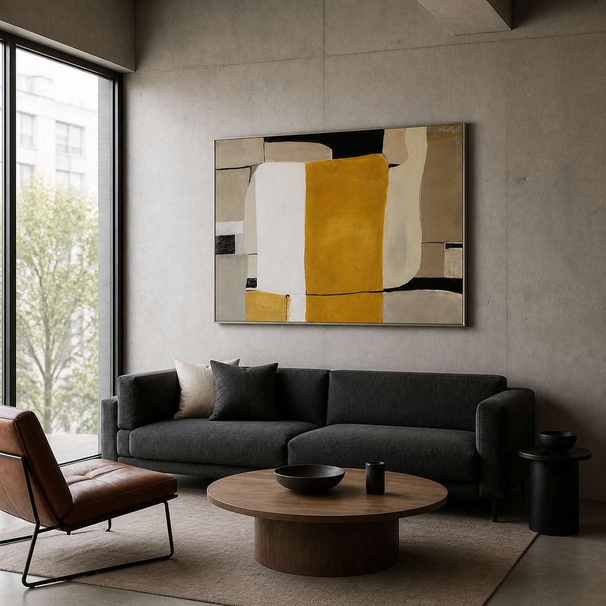 Silver framed ochre abstract painting above a charcoal sofa against a concrete wall.